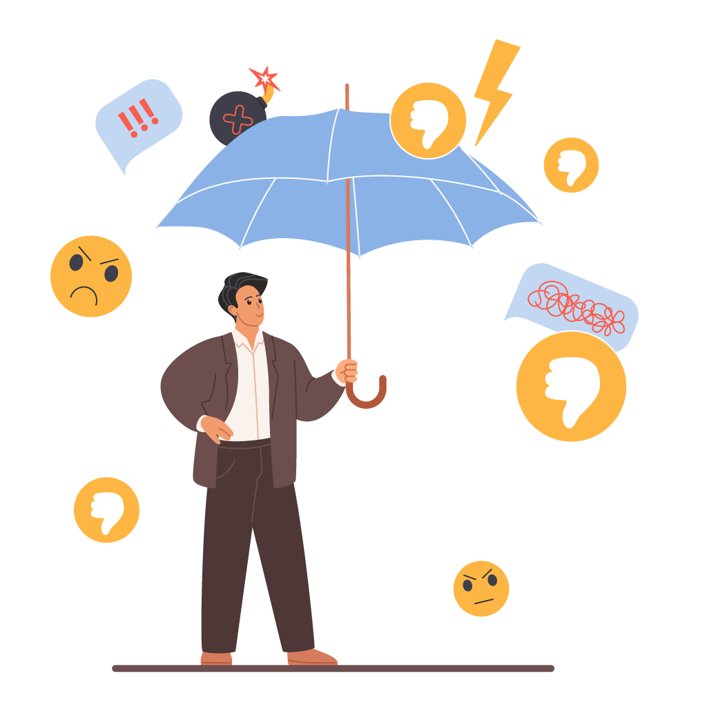 un adulte avec un parapluie qui le protège des problèmes d'internet
