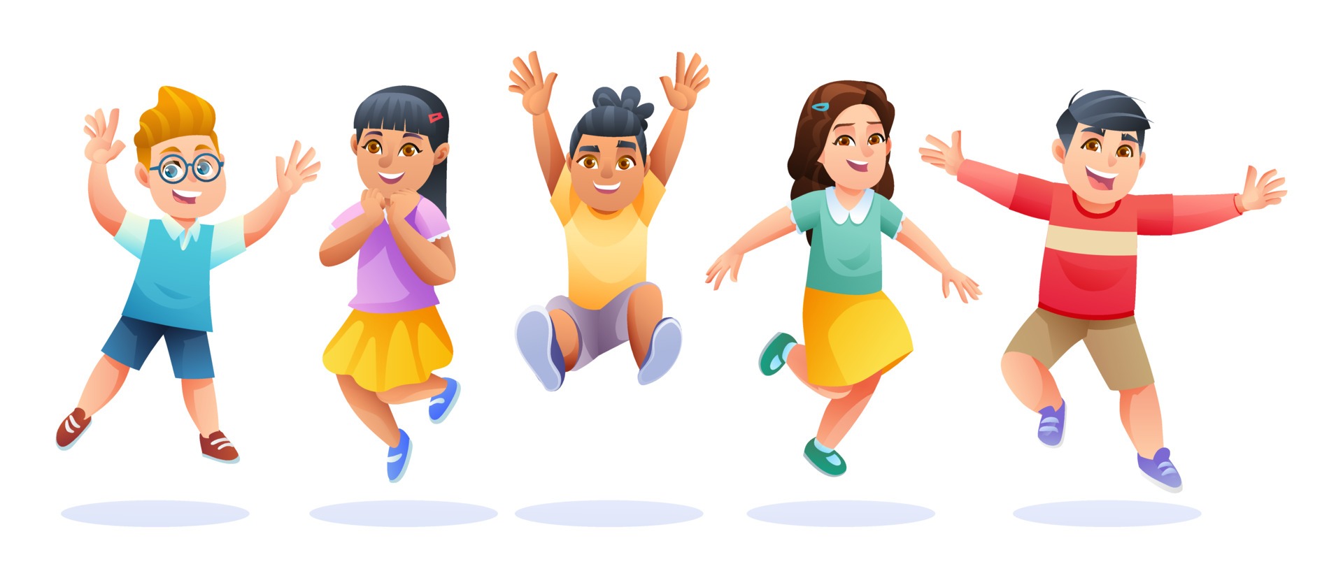 cinq enfants joyeux qui sautent ensemble