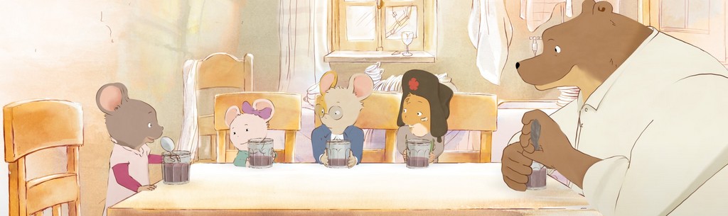 Ernest, Célestine et leurs amis à table autour d'un verre de chocolat chaud