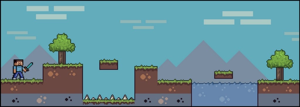 image 2d en pixel art d'un niveau de minecraft
