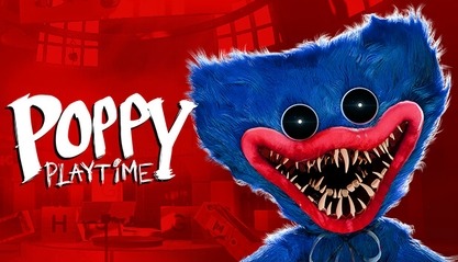 image du jeu poppy playtime avec huggy wuggy la peluche bleue avec des yeux et des dents de monstre