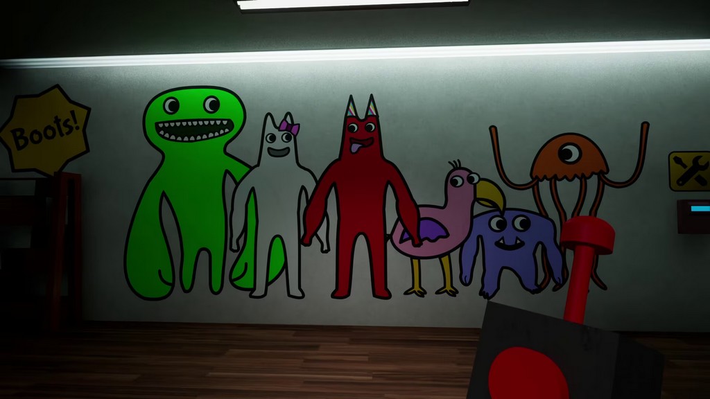 image tirée du jeu horrifique Garten of Banban, on se trouve dans une école maternelle face à une fresque enfantine et colorée