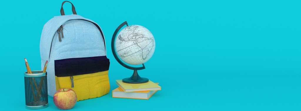 un sac à dos, un globe, des livers et un pot à crayons sur un fond bleu