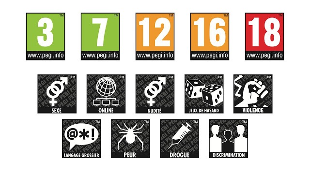 Icones du systeme PEGI qui indique la limite d'age du jeu ainsi que les sujets sensibles qu'il contient (drogue, nudité, violence)